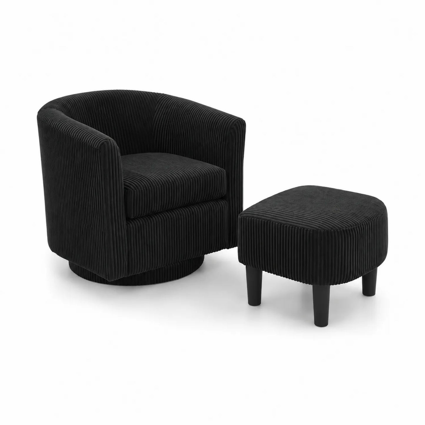 Schwarzes Kordsessel- und Hocker-Set