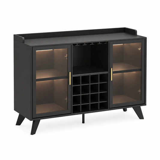 Schwarzes Sideboard mit gehärteten Glastüren und Weinregal